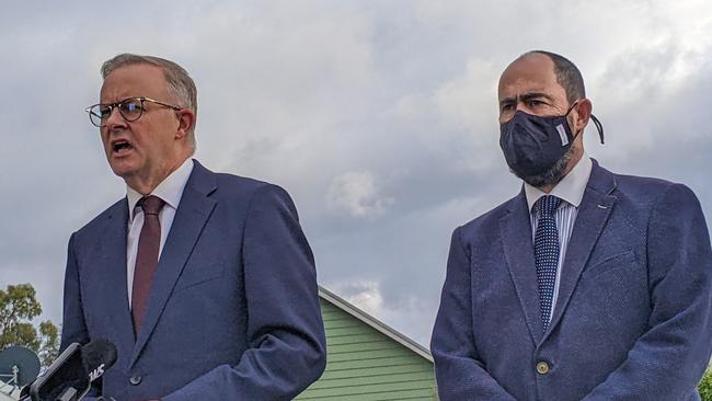 Opposition Leader Anthony Albanese with Labor candidate for Bass Ross Hart at OneCare's The Manor Kings Meadows retirement village. Picture: Alex Treacy