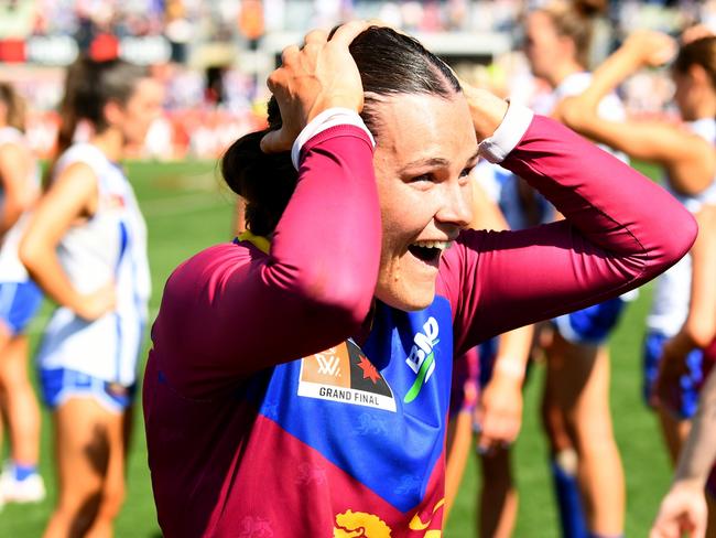 MELBOURNE, AUSTRALIA - DECEMBER 03: Sophie Conway of the Lions celebrates winning the AFLW Grand Final match between North Melbourne Tasmania Kangaroos and Brisbane Lions at Ikon Park, on December 03, 2023, in Melbourne, Australia. (Photo by Josh Chadwick/AFL Photos/via Getty Images)