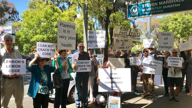 Opponents of the planning reforms make their displeasure known outside Premier Steven Marshall's office in December. Picture: Protect Our Heritage Alliance