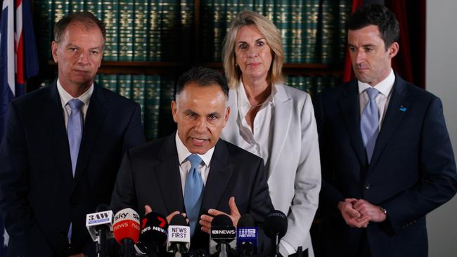 Victorian Liberal Leader John Pesutto, deputy David Southwick, upper house leader Georgie Crozier and deputy Matt Bach at a press conference following their first attempt to expel Mrs Deeming from the party in March. Picture: NCA NewsWire / Luis Ascui