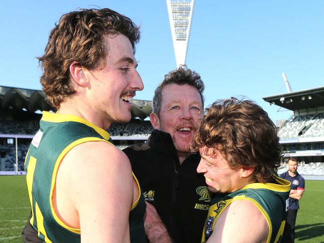 Leopold players react with joy after the siren. Picture: Mike Dugdale