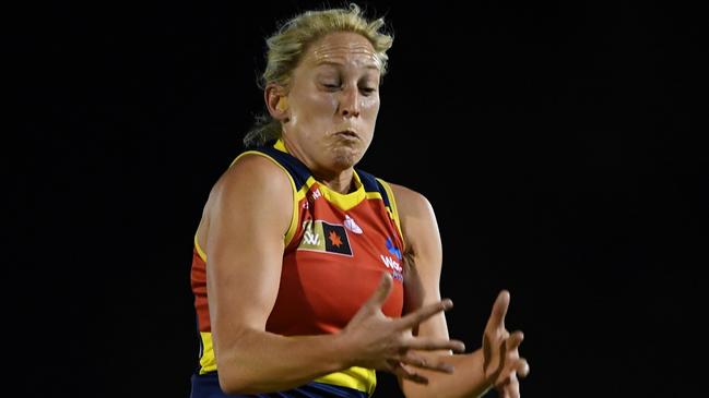 ADELAIDE, AUSTRALIA - AUGUST 26: Marijana Rajcic of the Adelaide Crows attempts to mark during the round one AFLW match between the Adelaide Crows and the Melbourne Demons at Glenelg Oval on August 26, 2022 in Adelaide, Australia. (Photo by Mark Brake/Getty Images)