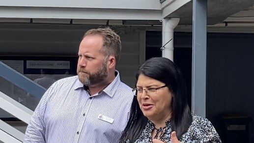 One Mile State School Principal Stuart Bell shows Education Minister Grace Grace around the damaged school as part of a wider tour by the Minister of the Wide Bay’s flood-affected schools.