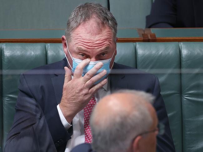 Barnaby Joyce with Prime Minister Scott Morrison during Question Time in the House of Representatives in Parliament House Canberra on Tuesday, February 8, 2022. Picture: NCA NewsWire/Gary Ramage