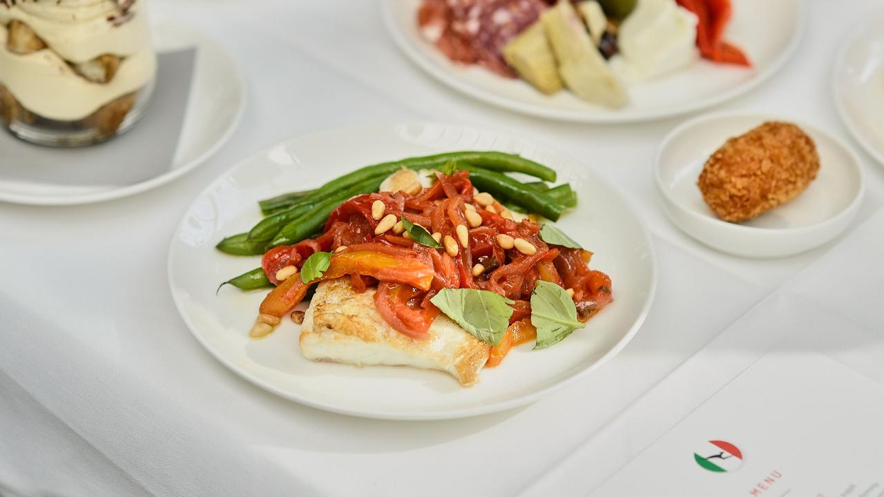 This is the grilled fish with peperonata, pine nuts and basil for the Rome to Perth flight in business class.