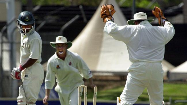 A Bangladeshi batter has his stumps rattled against the Northern Territory Chief Minister’s XI in a warm up match.