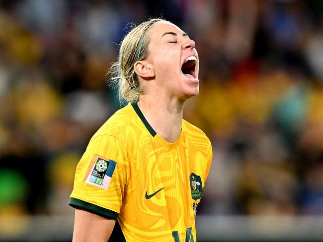 BRISBANE, AUSTRALIA - AUGUST 12: Alanna Kennedy of Australia celebrates her team's victory after the penalty shoot out during the FIFA Women's World Cup Australia & New Zealand 2023 Quarter Final match between Australia and France at Brisbane Stadium on August 12, 2023 in Brisbane, Australia. (Photo by Bradley Kanaris/Getty Images)