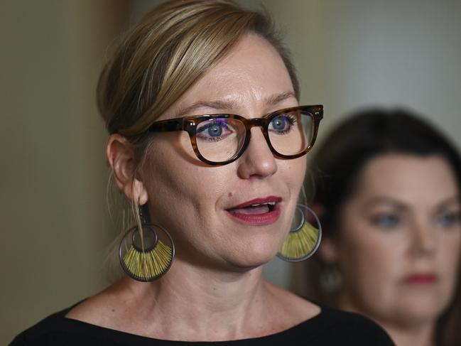 CANBERRA, AUSTRALIA, NewsWire Photos. NOVEMBER 9, 2023: Australian Greens Senators, David Shoebridge, Larissa Waters and Senator Sarah Hanson-Young hold a press conference at Parliament House in Canberra. Picture: NCA NewsWire / Martin Ollman