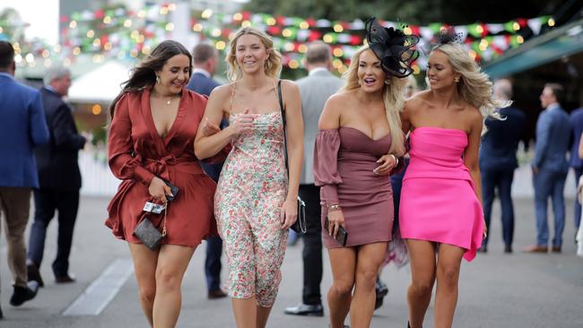 Brianna Roberts, Kelly Toms, Jade Spooner and Zara Spooner at The Everest race day in 2019. Picture: Christian Gilles