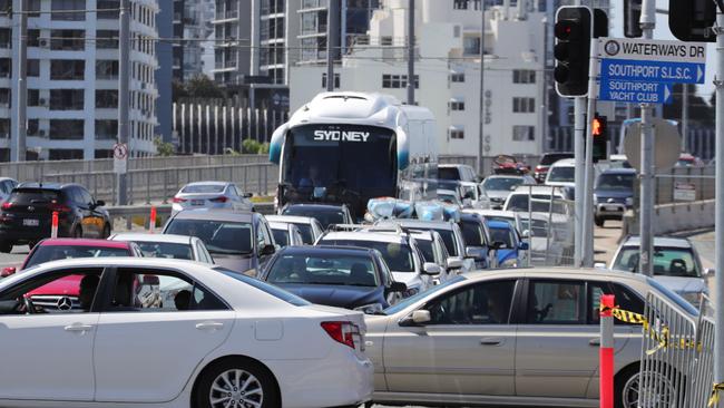 Traffic on Seaworld Drive and the Gold Coast Highway during school holidays. Picture: Glenn Hampson