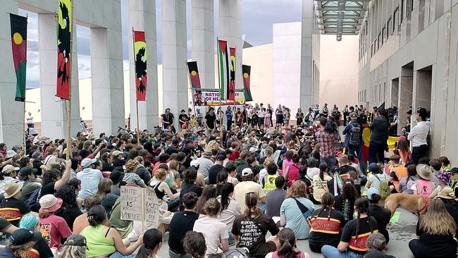 Protesters gathered outside Parliament House in Canberra. Picture: Twitter / Free Gaza Australia