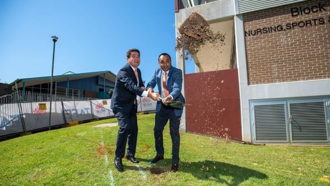 Minister for Skills and Tertiary Education Dr Geoff Lee and Member for Coffs Harbour Gurmesh Singh turning the first sod for the Health Hub at CHEC.