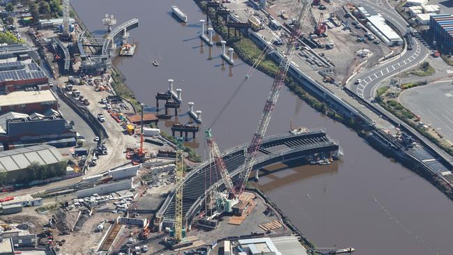 Bridge construction over the Maribyrnong River at Footscray Road. Picture: David Caird