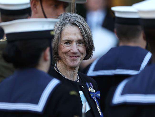 Her Excellency Professor Kate Warner Governor of Tasmania meets defence force personnel outside Parliament House. Picture: LUKE BOWDEN