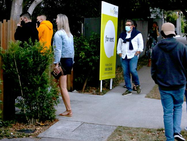 Rental crisis, a line up of people waiting to inspect a home, 167 James Street New Farm, Wednesday 22nd September 2021 - Photo Steve Pohlner