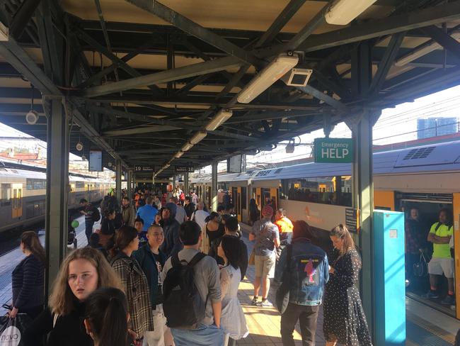 Stranded commuters at Central railway station today. Picture: Jack Breed