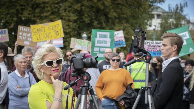 Anti trans activist Kellie-Jay Keen outside the Tasmanian parliament as Equality Tasmania and LGBTIQ+ supporters counter protest the Let Women Speak rally. Picture: Chris Kidd