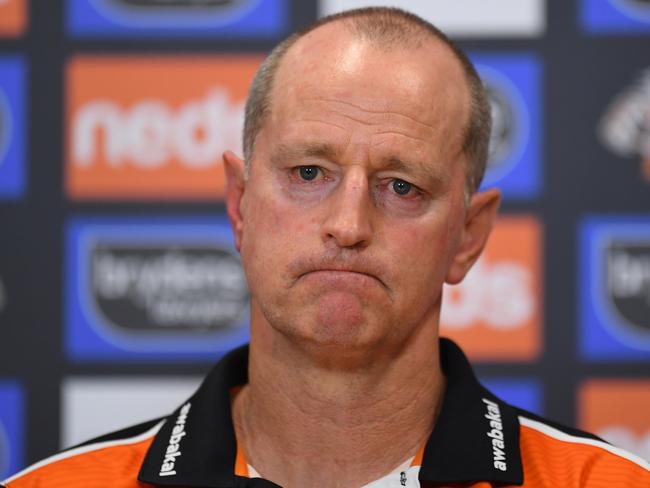 BRISBANE, AUSTRALIA - SEPTEMBER 05: West Tigers coach Michael Maguire speaks to the media after his team's defeat during the round 25 NRL match between the Wests Tigers and the Canterbury Bulldogs at Moreton Daily Stadium, on September 05, 2021, in Brisbane, Australia. (Photo by Albert Perez/Getty Images)