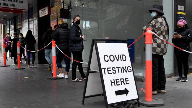 People queue at a Covid-19 testing station in Melbourne. Picture: AFP