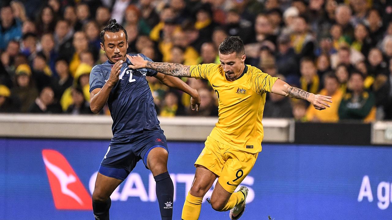 Jamie Maclaren earned a perfect score for his hat-trick against Nepal. (AAP Image/James Gourley)