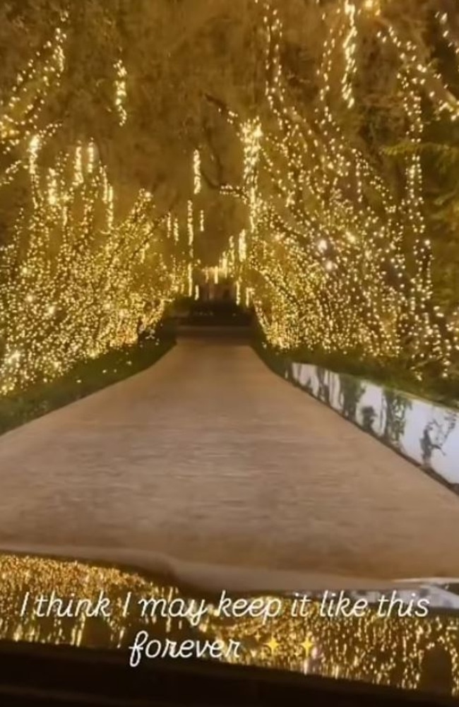 The driveway to the home all lit up for the holidays.