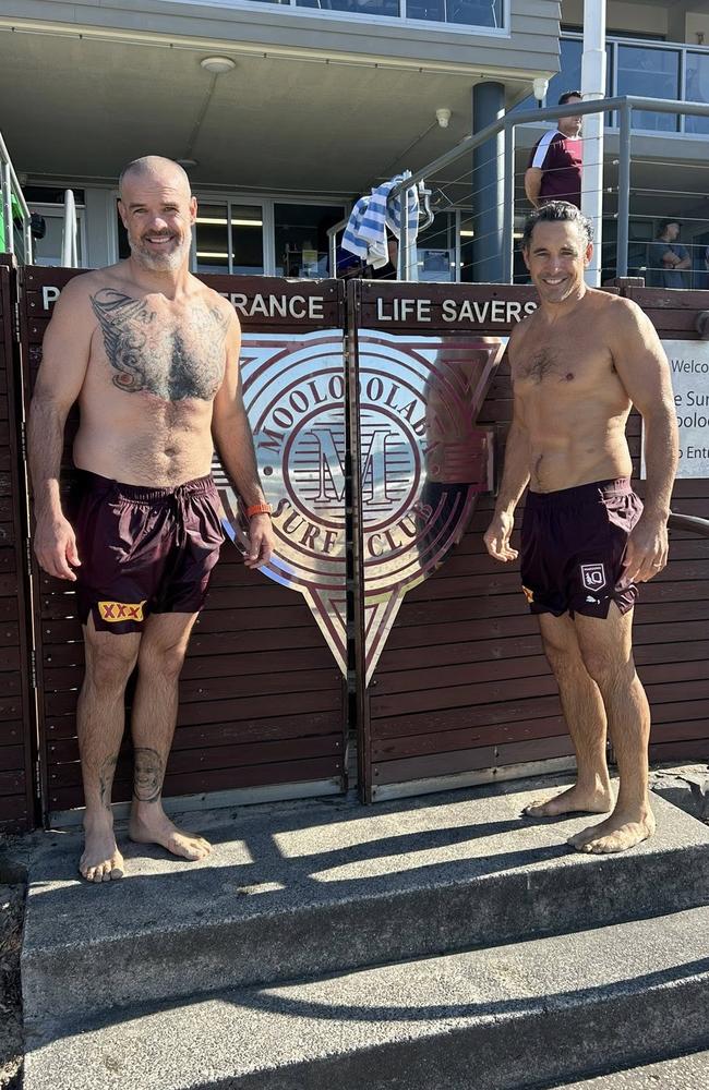 Billy Slater and Nate Myles shirtless at Mooloolaba. Photo: Supplied.