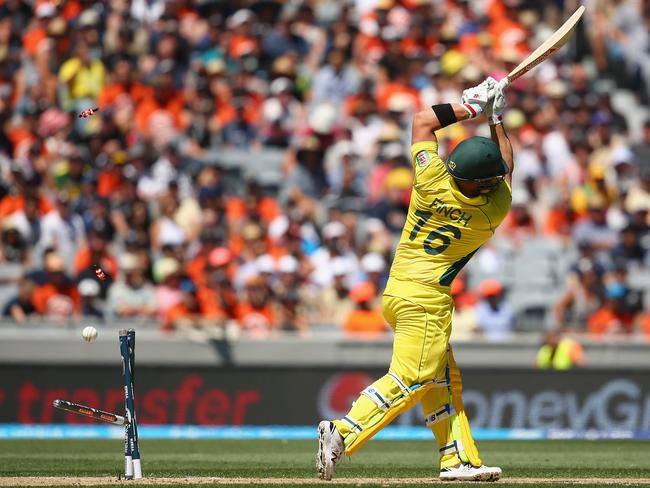 Aaron Finch is punished by Tim Southee in Auckland.