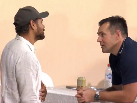 Cyril Rioli and former premiership teammate Luke Hodge catch up for the first time since 2018 in Darwin on Thursday night.