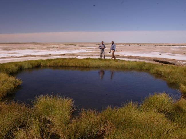 Mound Springs. Premier Mike Rann inspects the Blanche Cup mound spring at Coward Springs with Roger Higgins, Vice President and Cheif Operating Officer of BHP Billiton Base Metals.