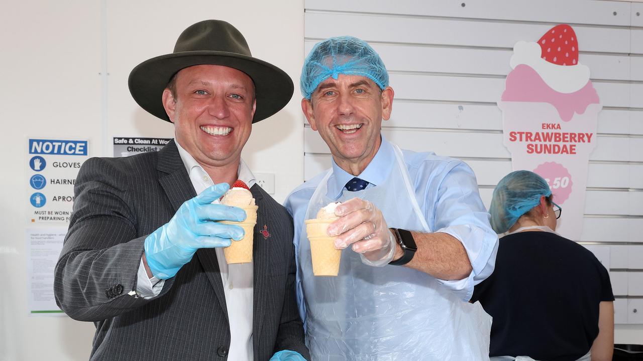 Former Premier now Opposition Leader Steven Miles and Former Deputy Premier now Deputy Opposition Leader Cameron Dick at the Strawberry Sundae stand at the EKKA, Bowen Hills. Picture: Liam Kidston