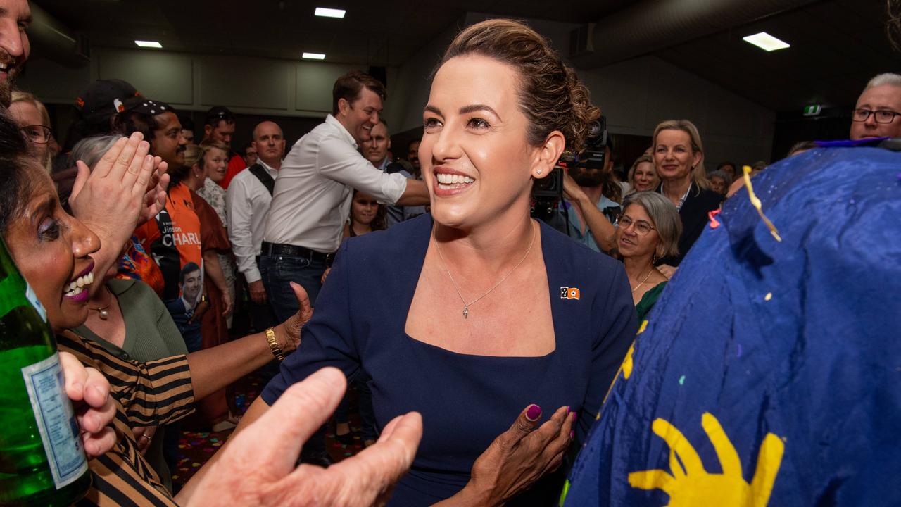 Country Liberal Party leader Lia Finocchiaro arrives to cheers after her party's 2024 Northern Territory election win. Picture: Pema Tamang Pakhrin