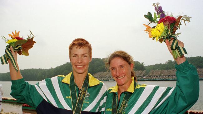 Australian women's K2 500m competitors Katrin Borchert (left) and Anna Wood, after receiving their bronze medals at the Atland Olympics. Picture: AAP PHOTO/RAY KENNEDY.