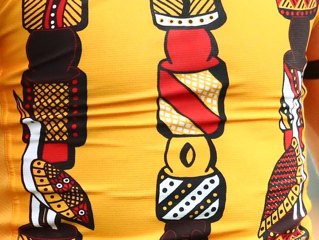 LAUNCESTON, AUSTRALIA - MAY 25: A detail of the Hawks Indigenous   guernsey during the round 10 AFL match between the Hawthorn Hawks and the Port Adelaide Power at University of Tasmania Stadium on May 25, 2019 in Launceston, Australia. (Photo by Scott Barbour/Getty Images)