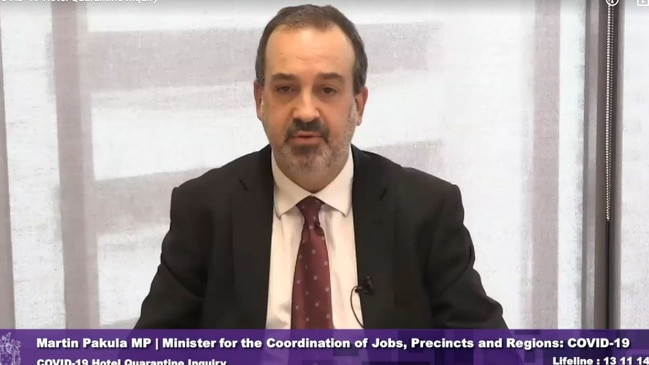 Jobs Minister Martin Pakula appears at the hotel quarantine inquiry on Wednesday, 23 September. Picture: Supplied