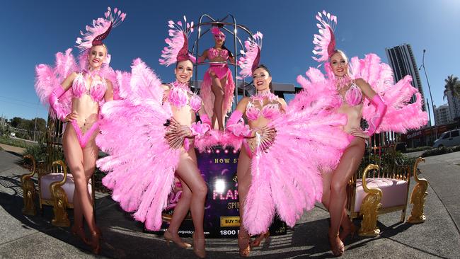 Entertainers Phoebe Young, Alesha Jokic, Claudia Valitutti, Natalie Keevers and Jane McPhie at Broadbeach. Photo: Jason O'Brien