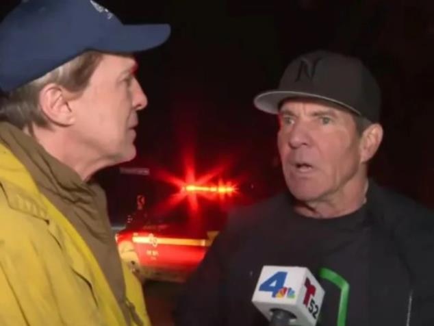 Dennis Quaid being interviewed while evacuating.