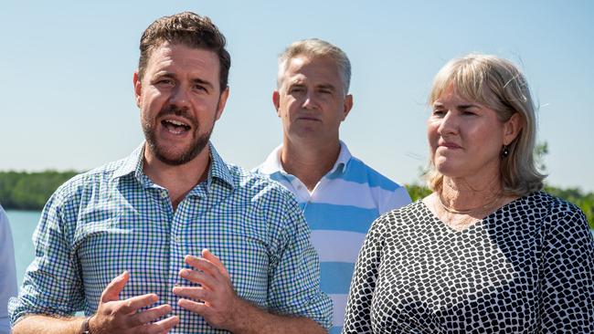 Chief Minister Eva Lawler (right) made the announcement with Recreational Fishing Minister Joel Bowden (centre) and Amateur Fishermen’s Association NT executive officer David Ciaravolo. Picture: Pema Tamang Pakhrin