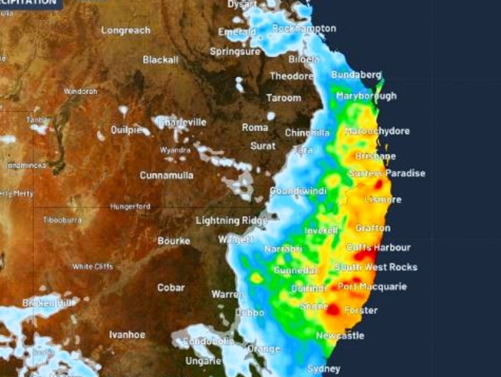 Over the next seven days, the rain could be particularly pronounced between Newcastle and Brisbane. Picture: Weatherzone.