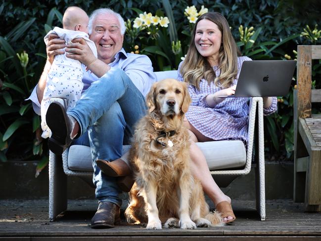 Running in the family … Steph Vizard with her dad, showbiz veteran Steve Vizard, plus son Teddy and their dog Pozy. Picture: David Caird