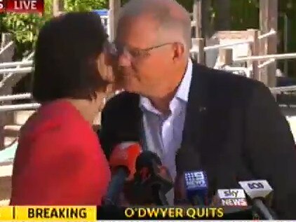 Kelly O'Dwyer and Scott Morrison exchanged a kiss on the cheek today as she announced her resignation. Picture: Supplied