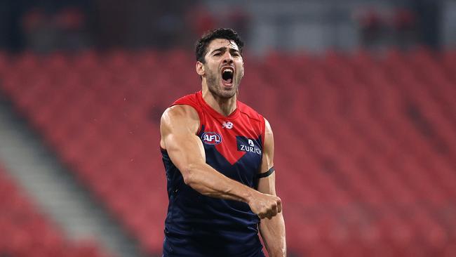 Christian Petracca celebrates after kicking a crucial goal late. Picture. Phil Hillyard