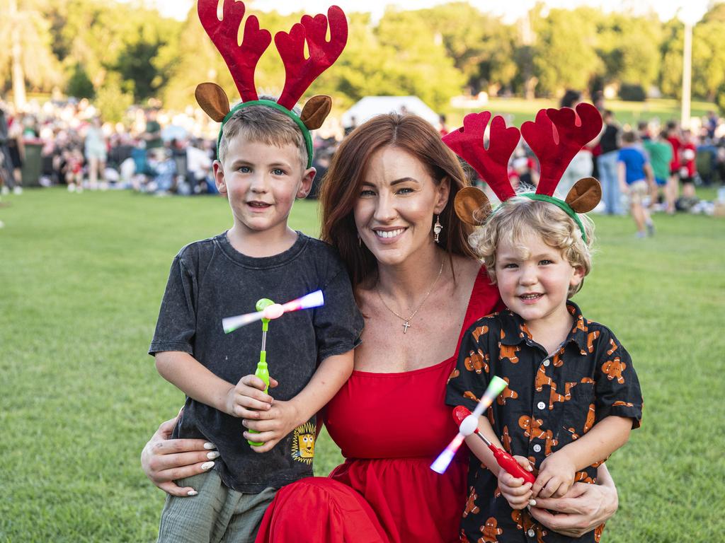 Bronni Ghirardello with sons Colt (left) and Levi at Triple M Mayoral Carols by Candlelight, Sunday, December 8, 2024. Picture: Kevin Farmer