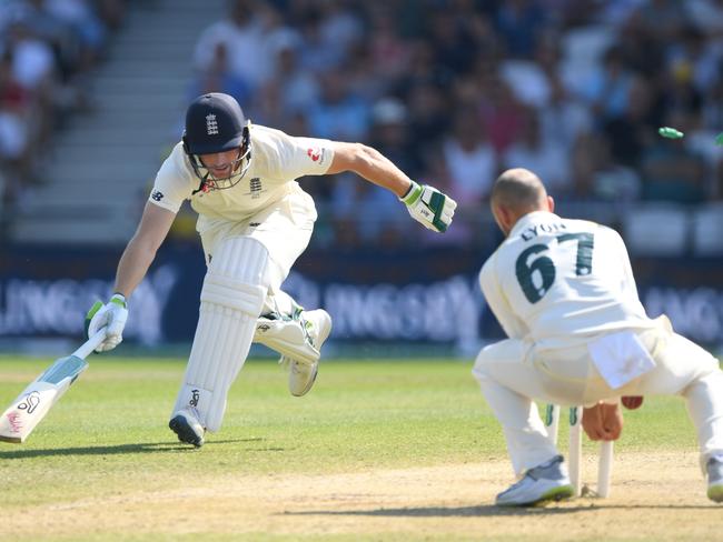 Nathan Lyon’s infamous fumble in 2019. Picture: Stu Forster/Getty Images