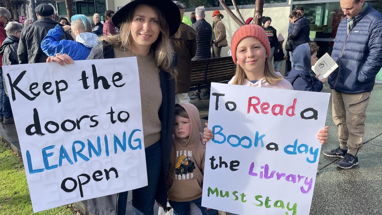 Geelong West mum Kristen with kids Hailey, 9, and Parker, 3, at a Geelong West library rally.