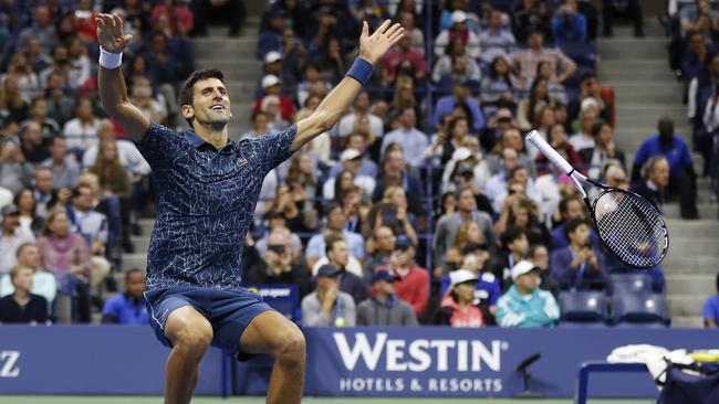 Novak Djokovic, of Serbia, celebrates after defeating Juan Martin del Potro.