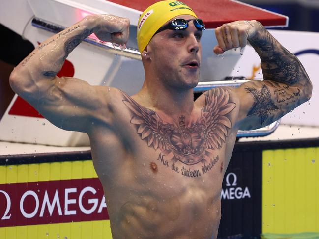 FUKUOKA, JAPAN - JULY 27: Kyle Chalmers of Team Australia celebrates winning gold in the Men's 100m Freestyle Final on day five of the Fukuoka 2023 World Aquatics Championships at Marine Messe Fukuoka Hall A on July 27, 2023 in Fukuoka, Japan. (Photo by Clive Rose/Getty Images)