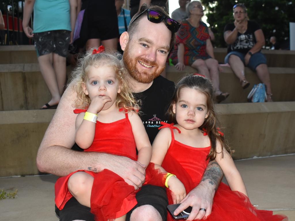 Anthony Roberts, Ruby Roberts and Lola Roberts at the CBD Christmas Fair in Rockhampton on December 3, 2022.