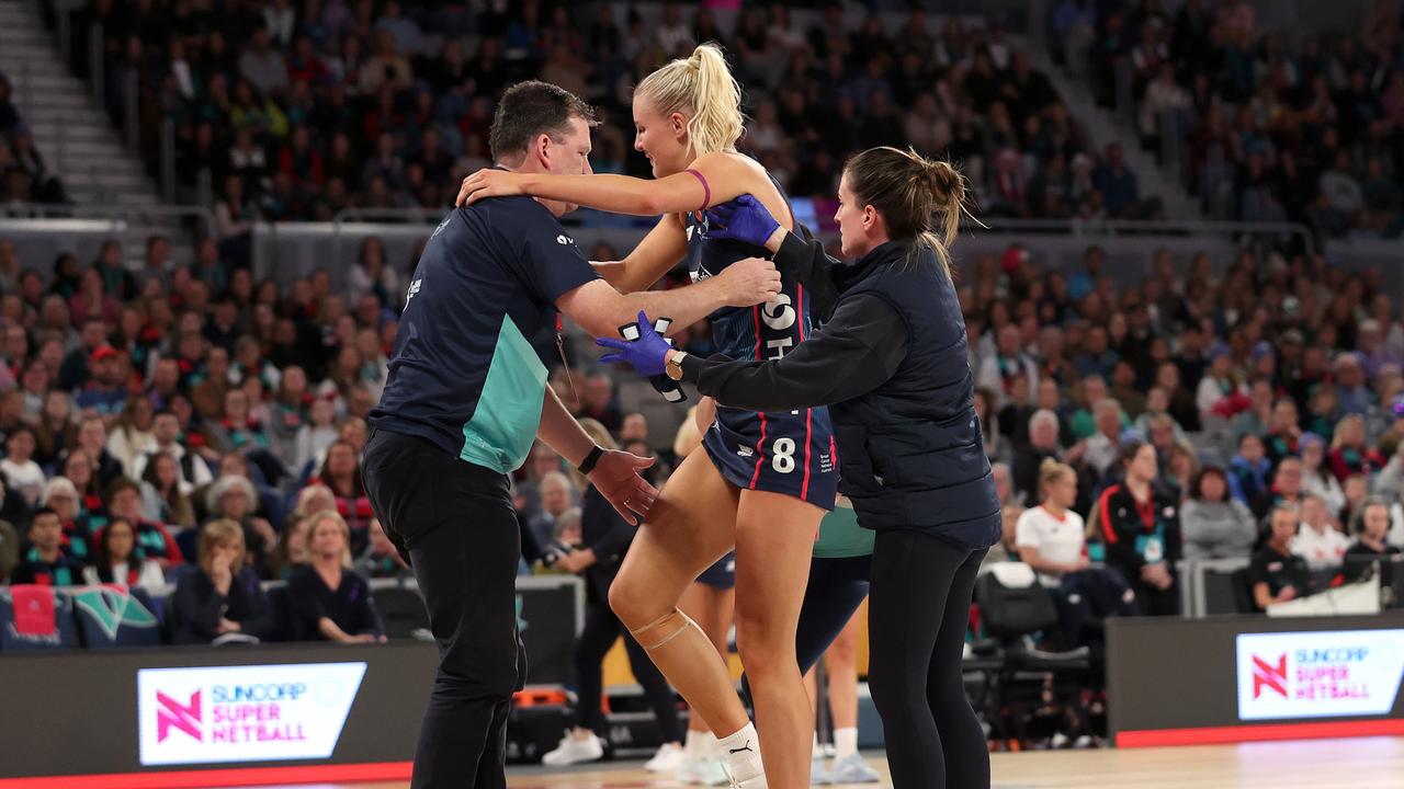 Rudi Ellis of the Vixens sustains an ankle injury. (Photo by Kelly Defina/Getty Images)