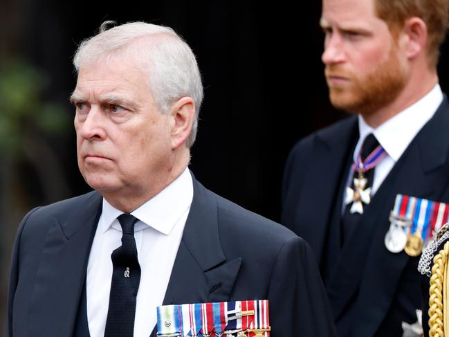 WINDSOR, UNITED KINGDOM - SEPTEMBER 19: (EMBARGOED FOR PUBLICATION IN UK NEWSPAPERS UNTIL 24 HOURS AFTER CREATE DATE AND TIME) Prince Andrew, Duke of York and Prince Harry, Duke of Sussex attend the Committal Service for Queen Elizabeth II at St George's Chapel, Windsor Castle on September 19, 2022 in Windsor, England. The committal service at St George's Chapel, Windsor Castle, took place following the state funeral at Westminster Abbey. A private burial in The King George VI Memorial Chapel followed. Queen Elizabeth II died at Balmoral Castle in Scotland on September 8, 2022, and is succeeded by her eldest son, King Charles III. (Photo by Max Mumby/Indigo/Getty Images)