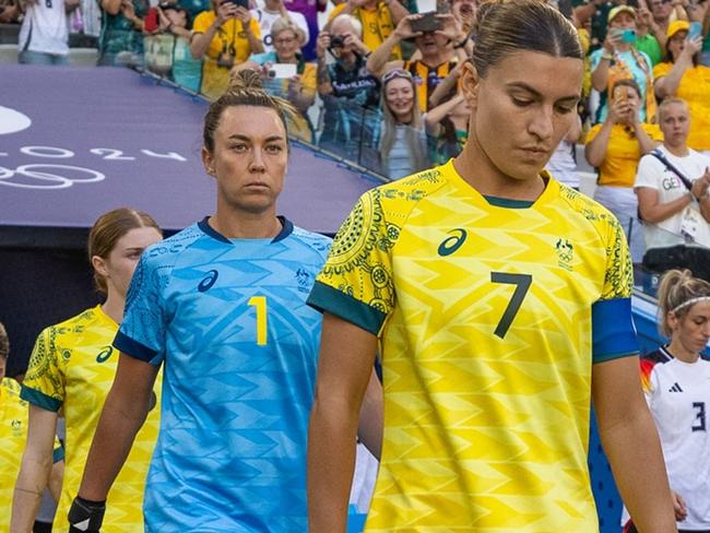 Steph Catley leads the Matildas out for the second half of there game against Germany. Paris 2024 Olympics.